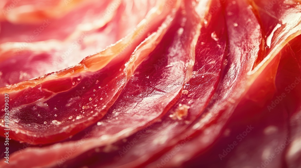 Poster close-up of thinly sliced cured meat displaying rich color and texture, perfect for culinary and foo