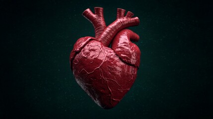 Realistic 3D render of a human heart, anatomical detail, dark background.