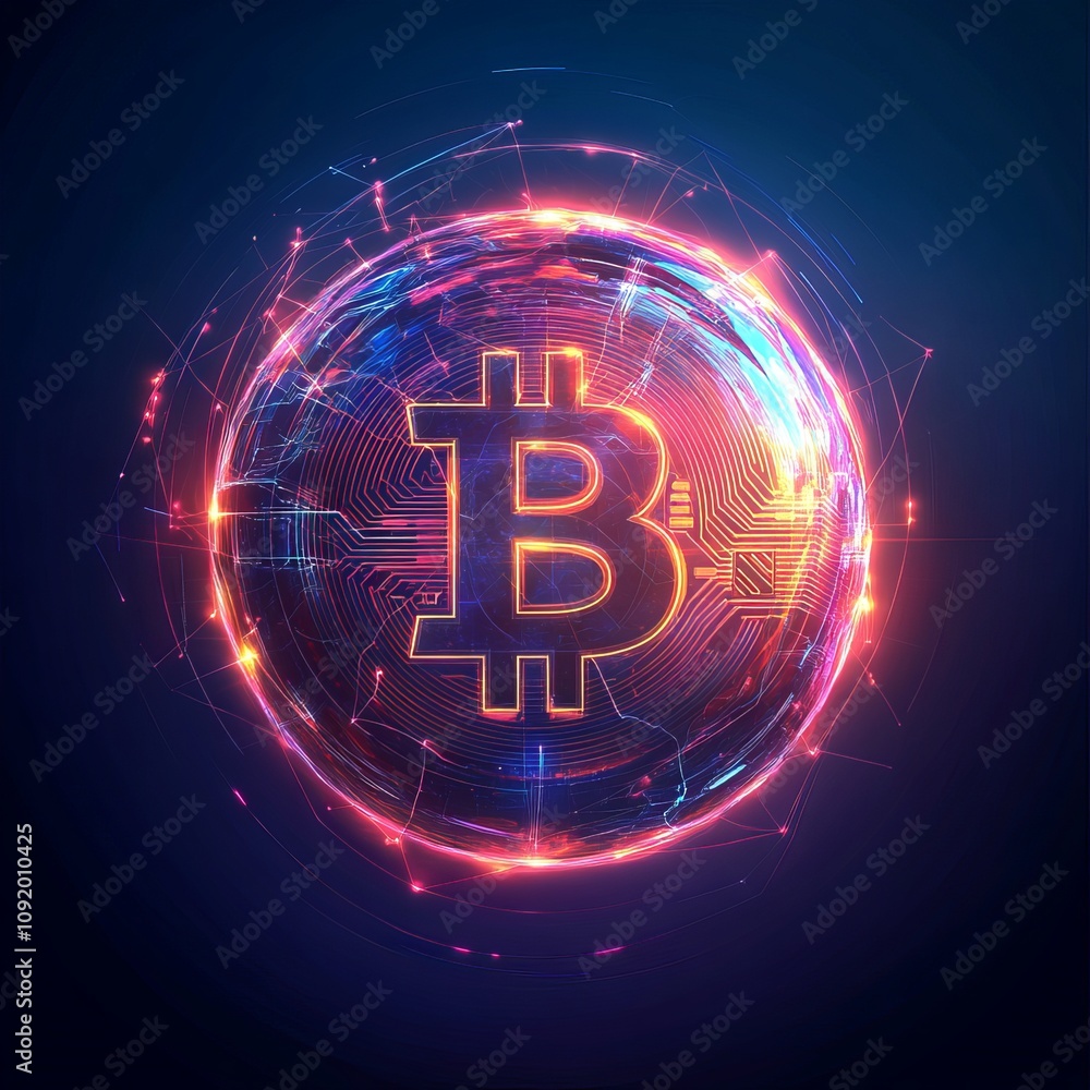 Poster futuristic bitcoin spinning within a digital globe virtual environment artistic visualization techno