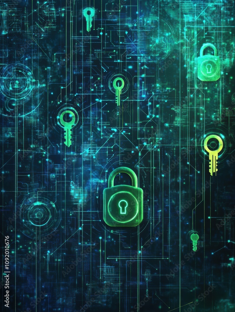Leinwandbilder An intricate design showcases a blend of digital padlocks and keys, symbolizing themes of security, privacy, and protection in technology. Generative AI