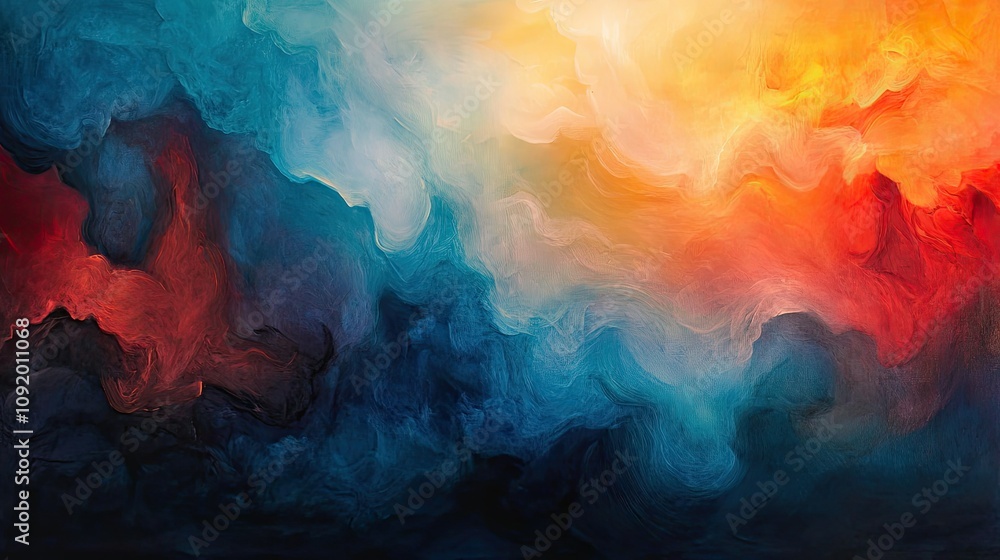 Poster abstract colorful background with swirls of blue, orange, and red blending together, creating a drea