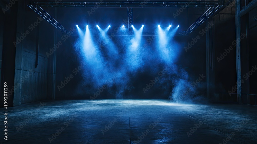 Poster empty stage with dramatic blue lighting and smoke effect creating a mysterious atmosphere, ready for