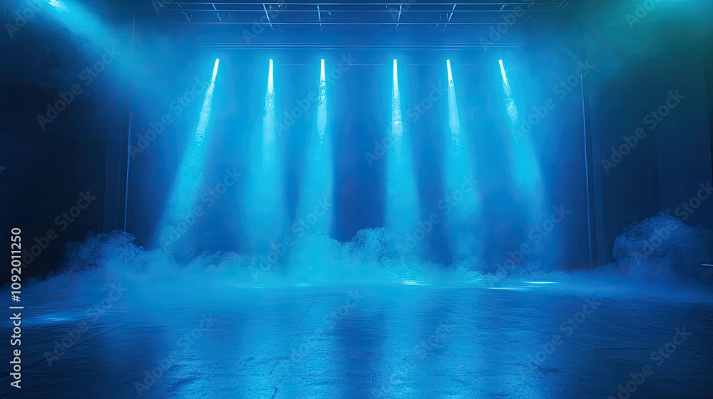 Poster dramatic stage lighting with blue spotlights and fog creating a mystical atmosphere for performances