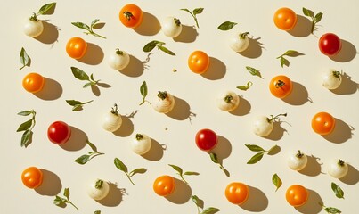 Colorful cherry tomatoes and basil leaves arranged in a vibrant pattern on a beige background.