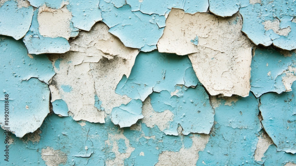Poster close-up view of old weathered peeling paint on blue wall revealing layers of texture and color in a