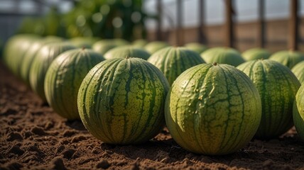 Ripe green melon in the greenhouse