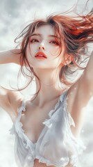 Fototapeta premium A model woman midmotion as she tosses her hair back, her expression confident, isolated on white
