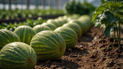 Ripe green melon in the greenhouse