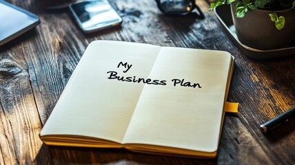 Notepad displaying "My Business Plan" on desk with phone, laptop, coffee, and plant