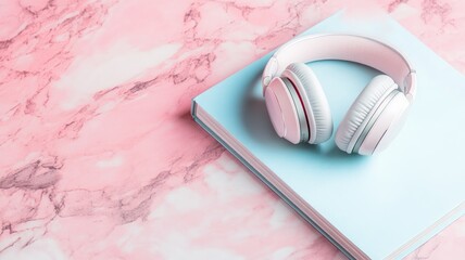 Obraz premium White headphones on blue book against pink, marble surface