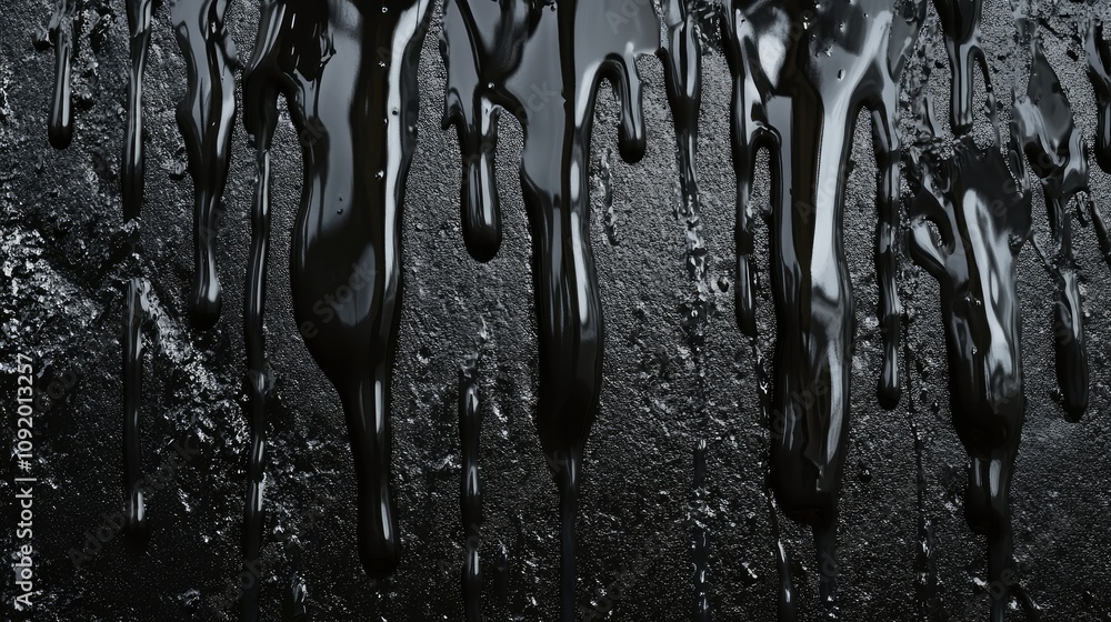 Aufkleber glossy black paint drips down a textured surface, creating a striking visual of liquid movement and 