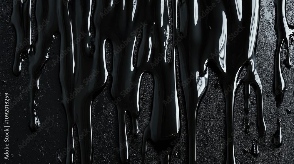 Poster glossy black liquid dripping down smooth surface, artistic abstract background with rich textures an