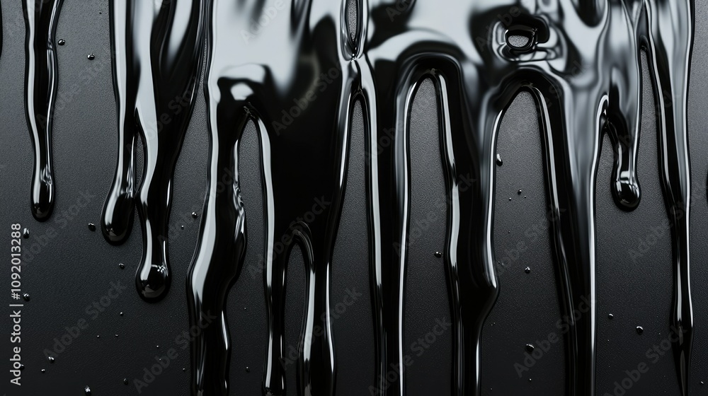 Poster glossy black paint drips on a dark surface creating an artistic and elegant background ideal for cre