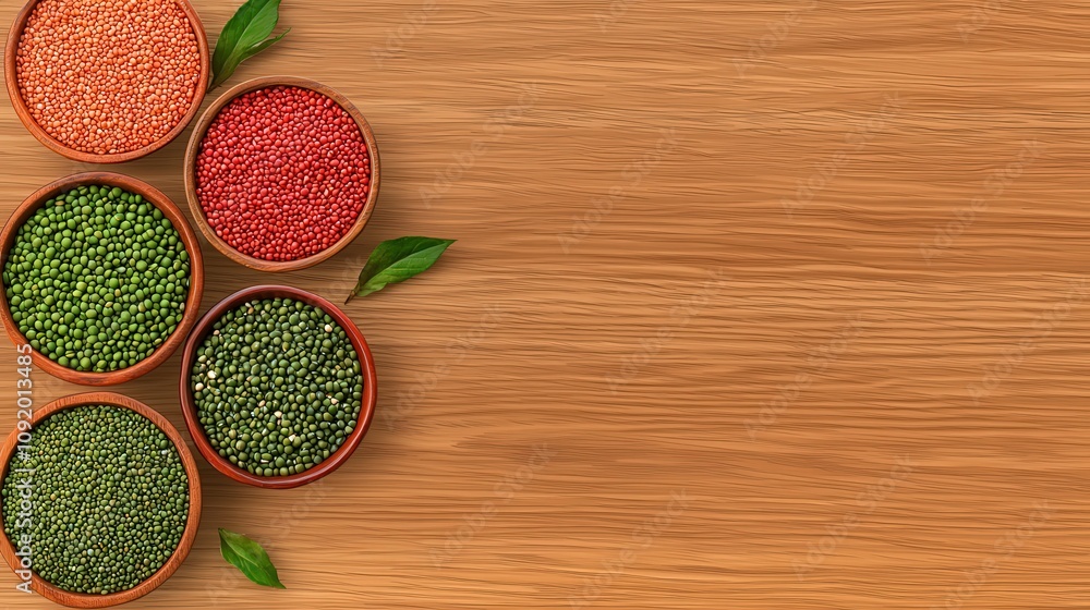 Poster bowls filled with different types of pulses on a rustic wooden table