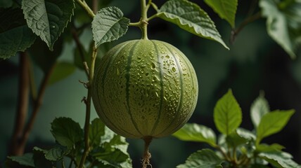 Ripe green melon on green melon plant vine