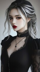 A stylish model woman with bold lipstick and glossy hair, her expression striking, on a plain white background