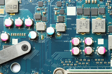Electronic circuit board as background, top view