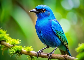 Obraz premium Captivating Close-Up of a Blue Love Bird Sitting on a Branch Surrounded by Lush Green Foliage, Showcasing Its Vibrant Feathers and Expressive Eyes in Stunning Macro Photography