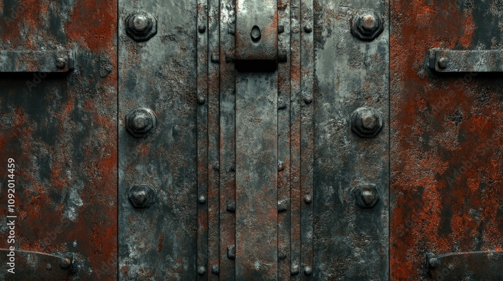 Poster a rustic overview of a weathered metallic door with rust and wear captured in detail, highlighting t