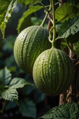 Ripe green melon on green melon plant vine