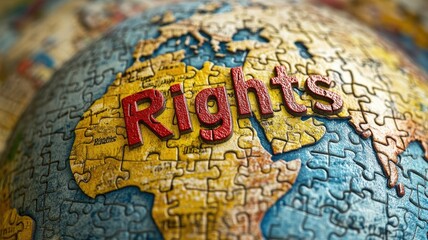 Conceptual image of human rights with "Rights" overlaid on globe puzzle