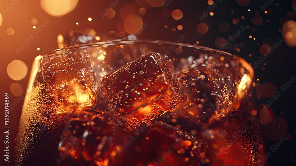 Poster close-up of a refreshing drink with ice cubes and bubbles against a dark background highlighted by w