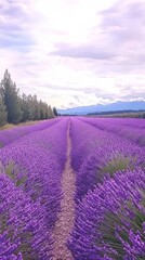 Obraz premium A scenic lavender field stretching towards the horizon under a cloudy sky.