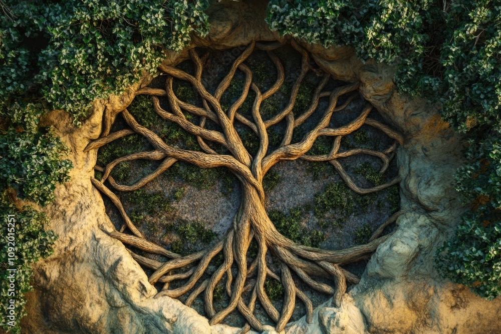 Aufkleber the artwork features an intricate tree of life, showcasing intertwined branches and roots that refle