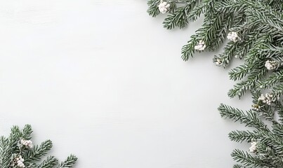 Fototapeta premium Festive winter background with snowy fir branches on white wood. Ample copy space for text or design.