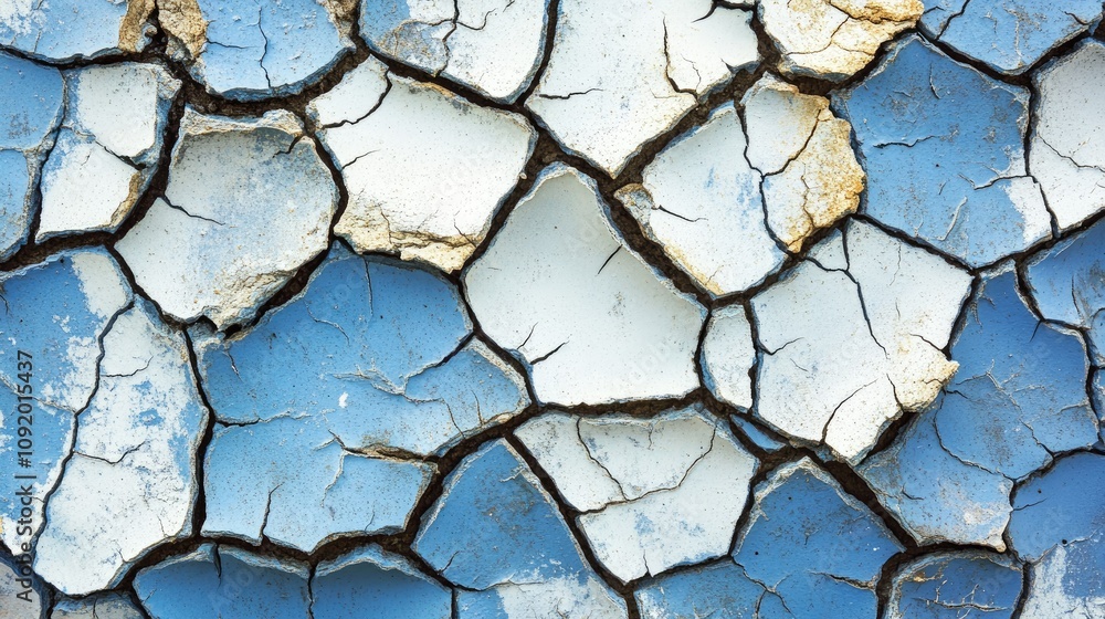 Poster cracked paint surface with textured patterns in shades of blue and white, creating an abstract and a