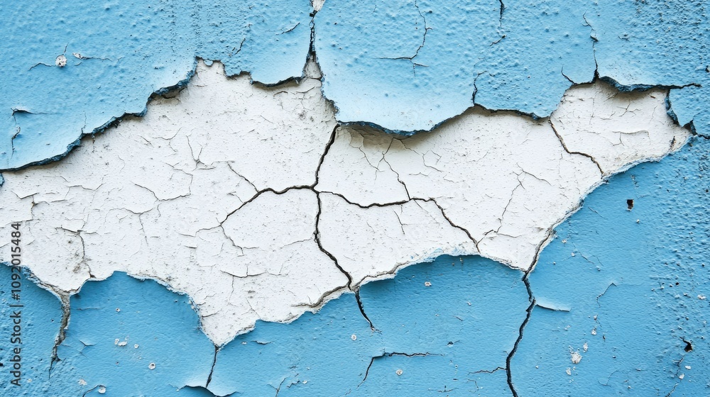 Poster cracked blue wall texture revealing underlying layers with distinct crevices and flaking paint for u