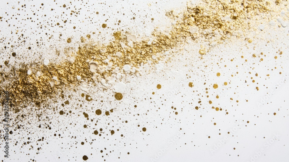 Poster sparkling gold dust on white surface creating an artistic background with shimmering particles for c