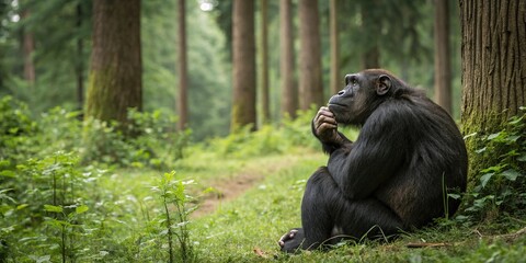 Fototapeta premium A contemplative chimpanzee sits in a clearing surrounded by tall trees and lush greenery, lost in thought, stillness, serenity, distant view