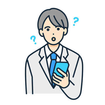 recommend clip art: 疑問を持つ男の子。携帯を手にする制服姿の中学生。ベクターイラスト素材。