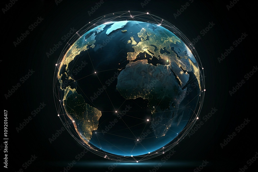 Poster illuminated earth globe showing continents with network lines on dark background.