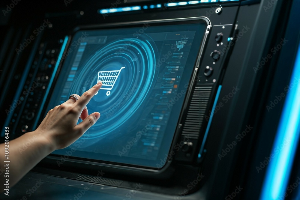 Poster hand interacting with a futuristic touchscreen interface displaying a shopping cart icon.