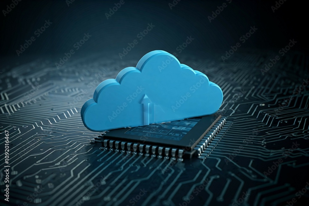 Aufkleber a symbolic blue cloud floating above a microchip on a circuit board, representing cloud computing te