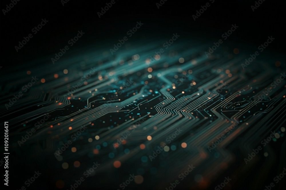 Poster close-up of a dark circuit board with glowing blue lines and points.