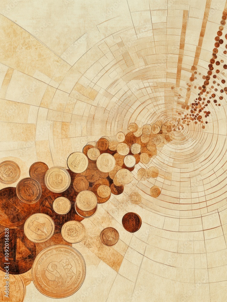 Poster coins and price tags cascade towards a central point, creating a sense of movement and depth in an a