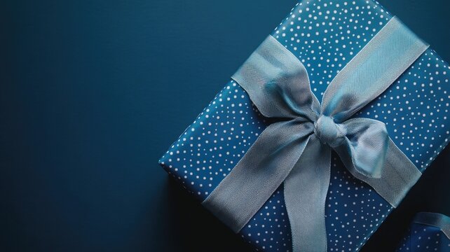 Blue gift box with silver ribbon and polka dots