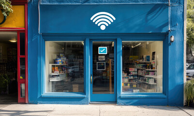 Obraz premium Small blue store offers books and magazines inside Front window displays WiFi checkmark symbols