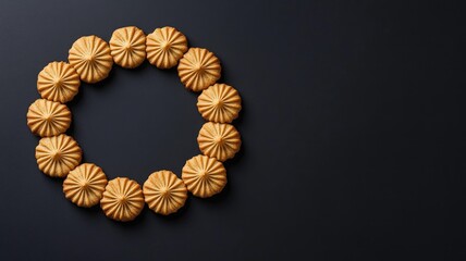 Obraz premium Round shortbread cookies arranged in circular form on dark background