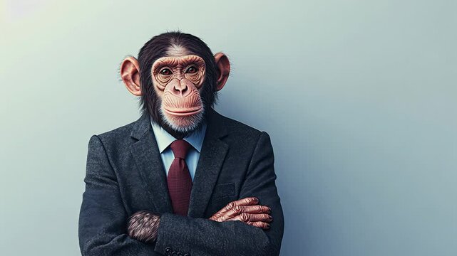 A stylish monkey in a suit poses confidently , professionalism.
