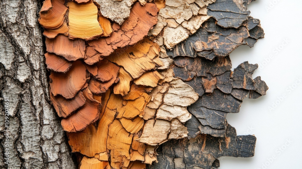 Poster detailed close-up view of unique textures and patterns on tree bark showing natural color variations