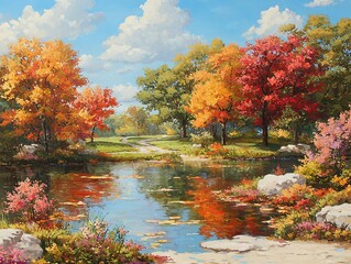 Obraz premium A serene autumn landscape with colorful trees reflecting in a calm pond.
