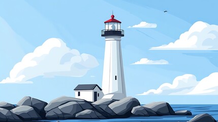 Coastal Lighthouse Scene With Rocky Outcrop