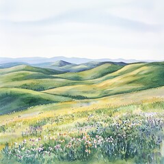 Fototapeta premium Watercolor painting of rolling hills fading into the distance, with the first hints of spring flowers blooming in the foreground
