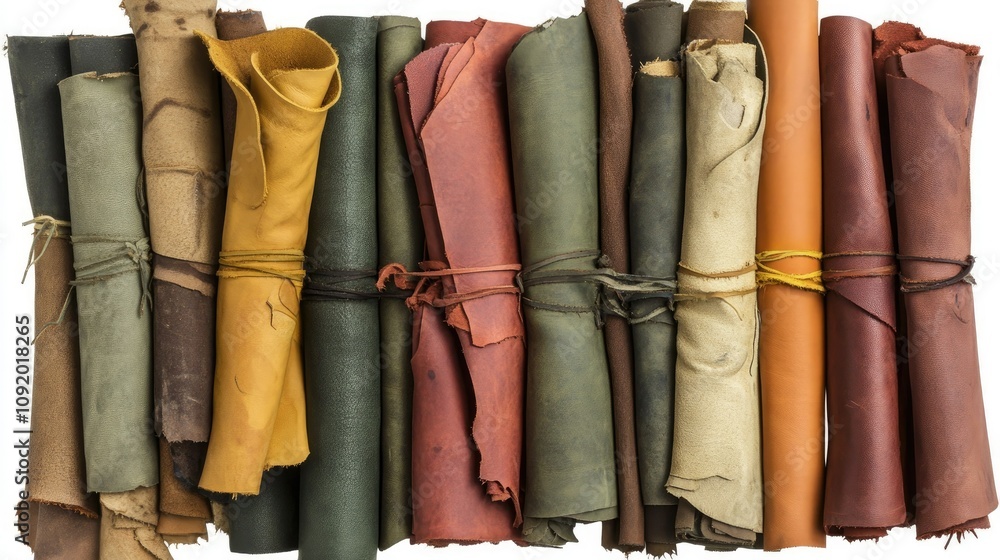 Poster assorted rolls of colorful leather hides for crafting and upholstery arranged neatly in a horizontal
