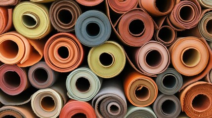 Colorful Rolled Textiles in a Creative Display Showcasing a Variety of Materials for Crafting, Design, and Artistic Projects in an Array of Shades and Textures