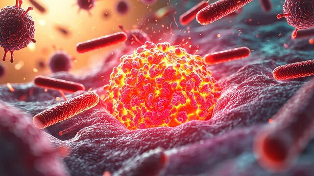 A illustration of microorganisms, bacteria and viruses at a microscopic level.